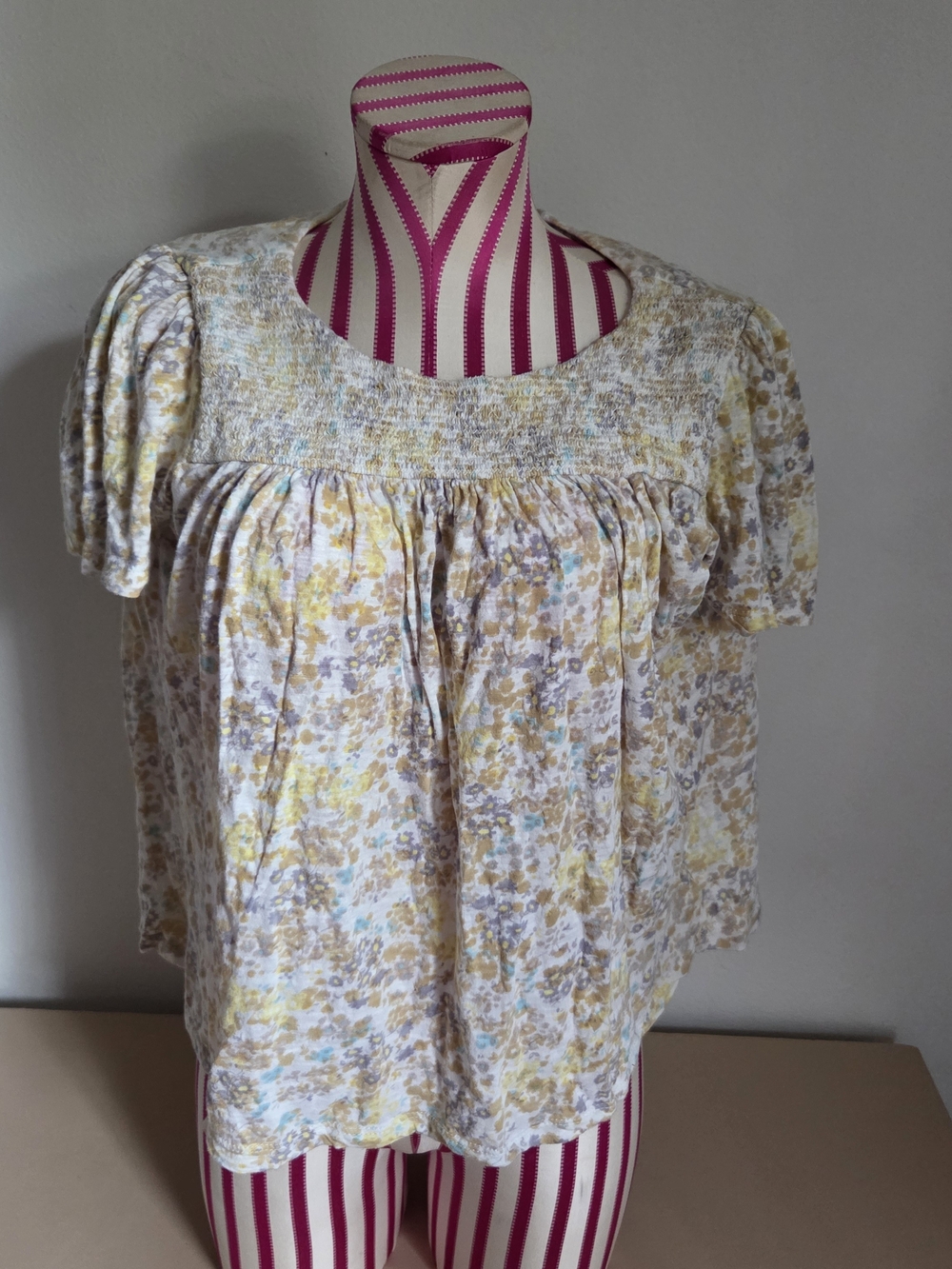 Lucky Brand Floral Smocked Peasant Top Medium Cottagecore Festival Boho Blouse